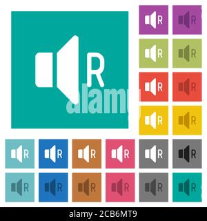 Icone piatte multicolore del canale audio destro su sfondi quadrati. Incluse variazioni delle icone bianche e più scure per il passaggio del mouse o gli effetti attivi. Illustrazione Vettoriale