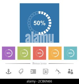 icone bianche piatte caricate al 50% su sfondo quadrato. 6 icone bonus incluse. Illustrazione Vettoriale