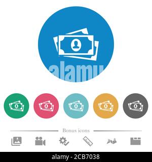 Più banconote con icone bianche piatte ritratto su sfondi rotondi di colore. 6 icone bonus incluse. Illustrazione Vettoriale