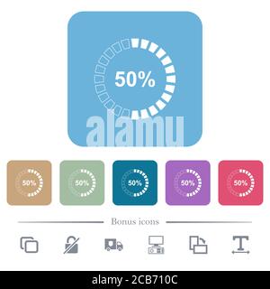 icone piatte bianche caricate al 50% su sfondi quadrati arrotondati a colori. 6 icone bonus incluse Illustrazione Vettoriale