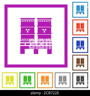 Pallet con icone di colore piatto dei residui radioattivi in cornici quadrate su sfondo bianco Illustrazione Vettoriale
