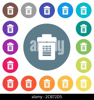 Icone bianche piatte del cestino su sfondi rotondi di colore. sono incluse 17 variazioni di colore di sfondo. Illustrazione Vettoriale