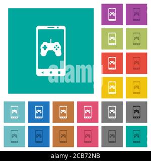 Icone piatte multicolore per il gioco mobile su sfondi quadrati. Incluse variazioni delle icone bianche e più scure per il passaggio del mouse o gli effetti attivi. Illustrazione Vettoriale