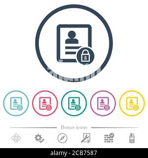 blocca le icone a colori piatte dei contatti nei contorni rotondi. 6 icone bonus incluse. Illustrazione Vettoriale