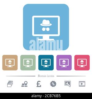 Monitor con simbolo incognito icone piatte bianche su sfondi quadrati arrotondati a colori. 6 icone bonus incluse Illustrazione Vettoriale
