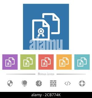 Copiare le icone bianche piatte del certificato in sfondi quadrati. 6 icone bonus incluse. Illustrazione Vettoriale