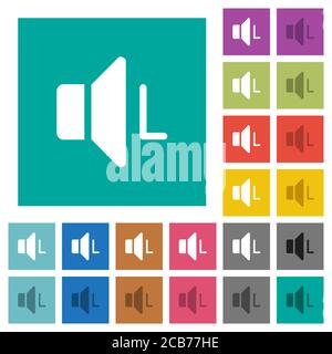 Icone piatte multicolore del canale audio sinistro su sfondi quadrati. Incluse variazioni delle icone bianche e più scure per il passaggio del mouse o gli effetti attivi. Illustrazione Vettoriale