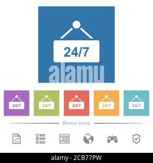 tavolo appeso con 24h sette giorni alla settimana piatte icone bianche in sfondi quadrati. 6 icone bonus incluse. Illustrazione Vettoriale