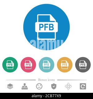 Formato file PFB icone bianche piatte su sfondi rotondi. 6 icone bonus incluse. Illustrazione Vettoriale