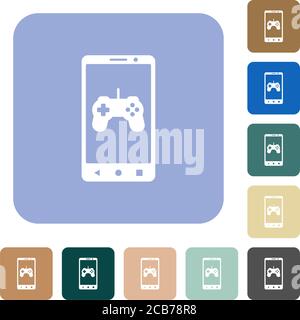 Icone piatte bianche per il gioco mobile su sfondi quadrati arrotondati di colore Illustrazione Vettoriale