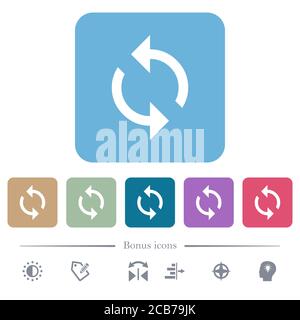 Icone piatte bianche del loop di programmazione su sfondi quadrati arrotondati di colore. 6 icone bonus incluse Illustrazione Vettoriale