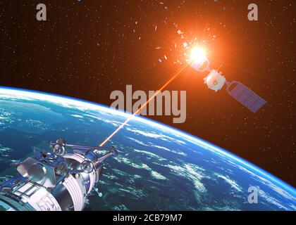 Il cannone laser incapace il satellite Enemy. Illustrazione 3D. Foto Stock