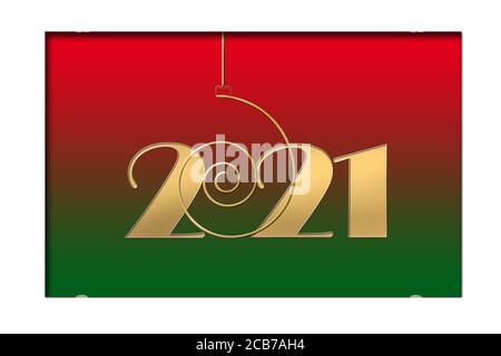 Buona carta anno 2021. Appendere il numero d'oro 2021 su sfondo rosso verde. Volantini per le feste stagionali, biglietti di auguri e inviti, striscioni di natale. Nuova selezione anno. Illustrazione 3D. Foto Stock
