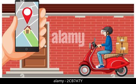 Consegna uomo subacqueo moto o moto con schermo mappa attivo illustrazione dello smartphone Illustrazione Vettoriale