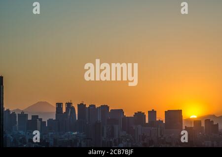 Vista verso lo skyline di Shinjuku e il Monte Fuji dalla piattaforma panoramica dell'edificio civico di Bunkyo, Tokyo, Giappone Foto Stock