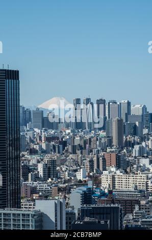 Vista verso lo skyline di Shinjuku e il Monte Fuji dalla piattaforma panoramica dell'edificio civico di Bunkyo, Tokyo, Giappone Foto Stock