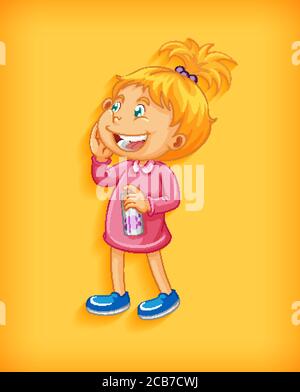 Carino bambina sorridente in posizione eretta cartoon carattere isolato su sfondo giallo Illustrazione Vettoriale