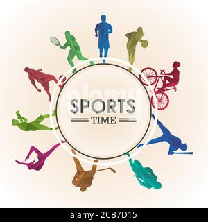poster sportivo con silhouette sportive in vettoriale a cornice circolare disegno dell'illustrazione Illustrazione Vettoriale