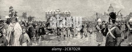 Processione funeraria di Tsar Alessandro III (1845-1894) Imperatore di Russia, dirigendosi verso la Cattedrale dei Santi Pietro e Paolo, San Pietroburgo, Russia. Antico XIX secolo inciso illustrazione da la Ilustracion Española y americana 1894 Foto Stock