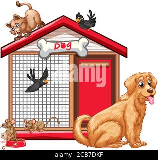 Gabbia per cani con animazione gruppo di animali isolato illustrazione Illustrazione Vettoriale