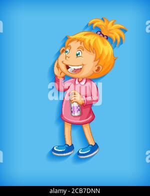 Carino bambina sorridente in posizione eretta cartoon carattere isolato su sfondo blu Illustrazione Vettoriale