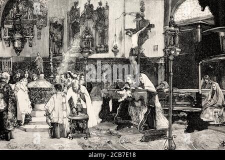 Battesimo cristiano tradizionale nel 19 ° secolo, chiesa a Venezia, Italia. Antico XIX secolo inciso illustrazione da la Ilustracion Española y americana 1894 Foto Stock