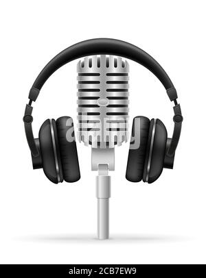 cuffie e microfono per l'illustrazione vettoriale dello studio radio isolati su sfondo bianco Foto Stock