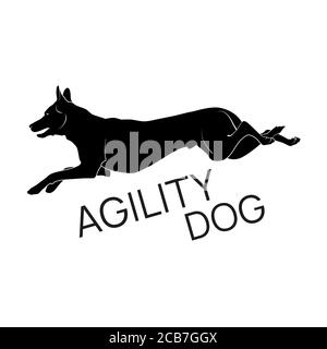 Sagoma vettoriale piatta del cane saltante per il modello di disegno del logo del club di agilità. Illustrazione Vettoriale