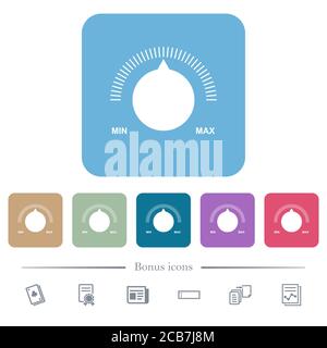 Controllo del volume con didascalie icone piatte bianche su sfondi quadrati arrotondati a colori. 6 icone bonus incluse Illustrazione Vettoriale