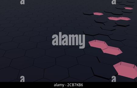 Superficie esagonale griglia prospettica. Ripetizione geometrica. Astratto sfondo esagonale nero e rosso. Immagine di rendering 3D Foto Stock