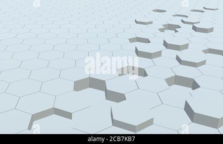 Superficie esagonale griglia prospettica. Ripetizione geometrica. Sfondo esagonale bianco astratto. Immagine di rendering 3D Foto Stock