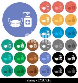 Maschera medica e disinfettante per le mani icone piatte multicolore su sfondi rotondi. Incluse variazioni delle icone bianche, chiare e scure per il passaggio del mouse e l'attività Illustrazione Vettoriale