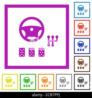 L'auto controlla le icone a colori piatte in cornici quadrate su bianco sfondo Illustrazione Vettoriale