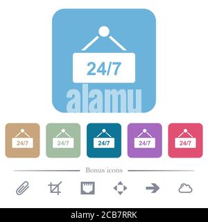 tavolo appeso con 24h sette giorni alla settimana bianco icone piatte su colore sfondi quadrati arrotondati. 6 icone bonus incluse Illustrazione Vettoriale