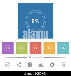 0% di icone bianche piatte caricate in sfondi quadrati. 6 icone bonus incluse. Illustrazione Vettoriale