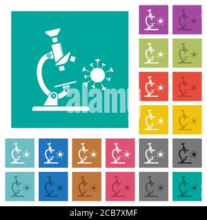 Icone piatte multicolore per microscopio e virus su sfondi quadrati. Incluse variazioni delle icone bianche e più scure per il passaggio del mouse o gli effetti attivi. Illustrazione Vettoriale