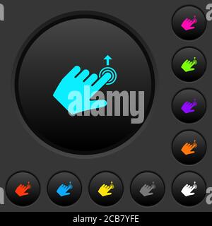 Pulsanti scuri con movimento scorrevole verso l'alto con la mano sinistra e vivaci icone a colori su sfondo grigio scuro Illustrazione Vettoriale