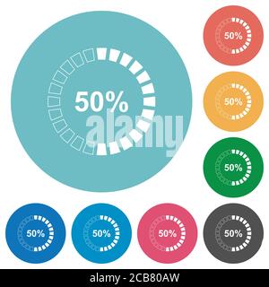 icone bianche piatte caricate al 50% su sfondi rotondi Illustrazione Vettoriale