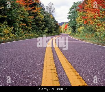 Low street level view of South Boundary Road, in Porcupine Mountains Wilderness State Park in the Upper Peninsula, Michigan, USA Foto Stock