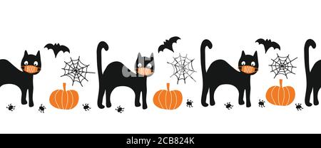 Halloween gatto nero indossare maschera viso senza cuciture bordo vettoriale. Coronaruvis Halloween 2020 ripetizione modello. Simpatico illustrazione disegnata a mano per i bambini Illustrazione Vettoriale