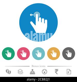 Slide destrorsa sinistra gesti icone bianche piatte su sfondi rotondi di colore. 6 icone bonus incluse. Illustrazione Vettoriale