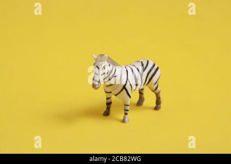 Primo piano di una miniatura giocattolo zebra isolata in giallo sfondo Foto Stock