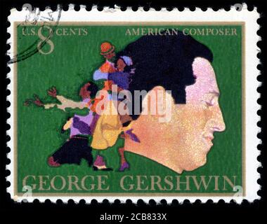 Londra, UK, febbraio 19 2018 - vintage 1973 USA ha annullato 8 centesimi di francobollo mostrando un'immagine di George Gershwin e Porgy e Bess francobollo colletti Foto Stock
