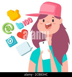 Illustrazione del concetto di social media con ragazza carina in cappello da baseball vettore cartoon personaggio donna isolato su uno sfondo bianco. Illustrazione Vettoriale