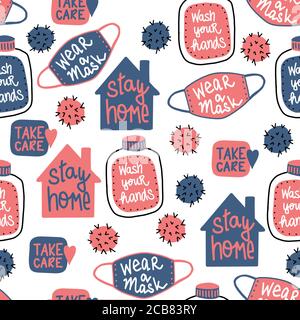 Adesivi coronavirus con scritta senza cuciture. Covid-19 rimani a casa, lavi le mani, indossa uno sfondo vettoriale maschera. Illustrazione di corona. Utilizzare per Illustrazione Vettoriale
