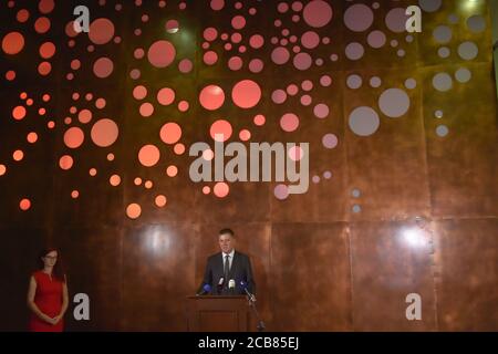 Pilsen, Repubblica Ceca. 11 Agosto 2020. Il Ministro degli Affari Esteri ceco Tomas Petricek e il Segretario di Stato americano Mike Pompeo (non illustrato) intervengono durante la conferenza stampa a Pilsen, Repubblica Ceca, 11 agosto 2020. Credit: Slavomir Kubes/CTK Photo/Alamy Live News Foto Stock