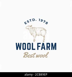Simbolo vettoriale, simbolo o modello di logo per l'astrazione di Lane Farm. Sillhouette di pecora disegnata a mano con tipografia retro. Emblema d'epoca. Illustrazione Vettoriale