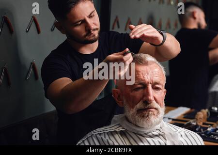 giovane uomo spazzolando i capelli grigi del vecchio uomo dopo averli tagliati. primo piano foto Foto Stock