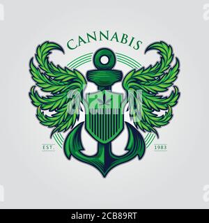 Logo della Mascotte dell'Ala della cannabis con illustrazioni di ancoraggio Illustrazione Vettoriale