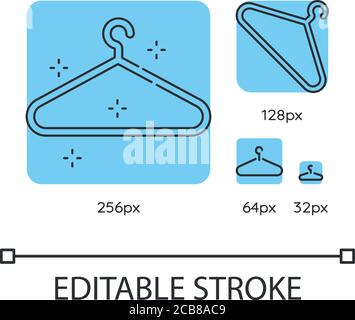 Set di icone lineari blu di sospensione vuoto. Appendete i vestiti. Deposito indumenti. Simbolo di pulizia. Sottile linea personalizzabile 256, 128, 64 e 32 px vettoriale Illustrat Illustrazione Vettoriale